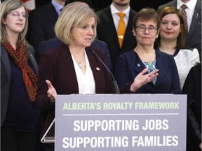 Surrounded by Calgary caucus members, Alberta Premier Rachel Notley announces Alberta's New Royalty Framework in Calgary, Alta., on Friday, Jan. 29, 2016.