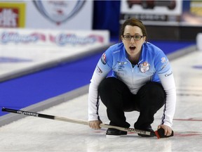 Saville Centre skip Val Sweeting calls for the sweep during the Canada Cup women's semifinal at Revolution Place in Grande Prairie on Dec. 5, 2015.