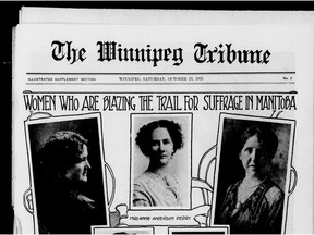 This full-page illustration/collage from the Winnipeg Tribune (Oct. 23, 1915) shows some of the women leading the suffrage movement in Manitoba.