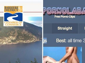 After the original Barriere Chamber of Commerce website (left) expired, it was purchased by a third party, who now redirects to the pornography website on the right. 
The BC community organization has opted to build a new website rather than buy it back.