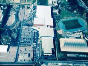 Aerial view of the U of A south campus, with a dome superimposed over Foote Field.