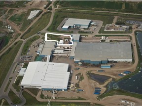 Aerial view of Edmonton composting facility with the integrated processing and transfer building on lower left. The location of the proposed anaerobic digester is outlined in white.