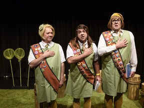 From left, Brian Dooley, Trevor Schmidt, and Darrin Hagen as the NaturElles in Flora and Fawna's Field Trip (With Fleurette), at Northern Light Theatre.