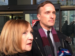Mother Donna Bagdan and brother Galen Bagdan, family of drunk driving victim Brennan Bagdan, speak outside the Edmonton courthouse on Jan. 8, 2016.