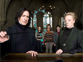 Alan Rickman, as Professor Severus Snape, Emma Watson as Hermione Granger, Rupert Grint as Ron Weasley, Daniel Radcliffe as Harry Potter and Maggie Smith as Professor Minerva McGonagall in Harry Potter and the Half-Blood Prince.