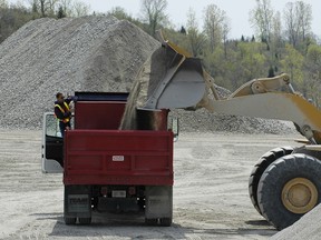 A gravel loader fills a dump truck with gravel in an Ontario file photo.
