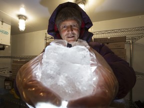 Professor Martin Sharp holds an ice core sample while he poses for a photo in the University of Alberta's glacier chemistry facility freezer, in Edmonton Alta. on Wednesday Feb. 24, 2016. Sharp will be the initiating director of a new ice core storage facility at the U of A.