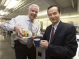 BioNeutra Senior Vice President Bill Smith and BioNeutra President and CEO Jianhua Zhu poses for a photo at BioNeutra's production plant, 9608 - 25 Ave., in Edmonton Alta. on Tuesday Feb. 23, 2016. The company has developed a prebiotic low-calorie sweetener called VitaFiber. Photo by David Bloom Former Edmonton mayor Bill Smith now a biotech entrepreneur