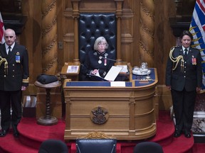 British Columbia's Lieutenant-Governor Judith Guichon delivers the Throne Speech in the B.C. Legislature, in Victoria on Tuesday, Feb. 9, 2016.
