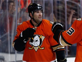 Patrick Maroon celebrates a goal against the Flames in February in Anaheim.