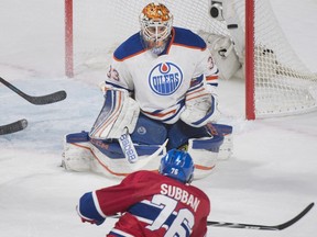 Montreal Canadiens defenceman P.K. Subban scores on Edmonton Oilers goaltender Cam Talbot during NHL action in Montreal on Feb. 6, 2016.