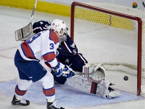 Edmonton Oil Kings Brett Pollock can't score on Tri City Americans goaltender Evan Sarthou during second period action Monday at Rexall Place.