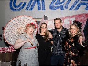 From left, Ellen Chorley and Natasha Trowsdale and André Bober and Sarah Jackson at Violette Underground Numéro Deux at the CKUA Building.