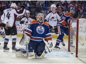 Cam Talbot of the Edmonton Oilers, reacts to the second goal by the Colorado Avalanche at Rexall Place in Edmonton on Feb. 20, 2016.