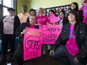 Premier Rachel Notley, Education Minister David Eggen and Human Services Minister Irfan Sabir celebrate Pink Shirt Day with students at Jasper Place High School on February 24, 2016. Eggen said Friday equality for LGBTQ people is this generation's social issue to resolve.