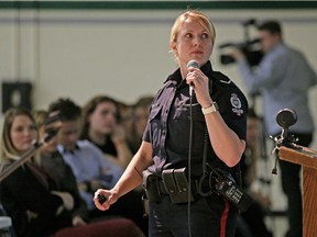 Const. Cherie Jerebic, a school resource officer with Edmonton police, made a presentation Thursday to students at Austin O'Brien High School about the dangers of fentanyl.