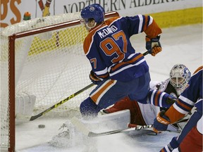 Edmonton Oilers centre Connor McDavid scores on Columbus Blue Jackets goalie Joonas Korpisalo on Feb. 2, 2016, in his first game back after a broken collar bone. This was McDavid's sixth career goal in his rookie year.