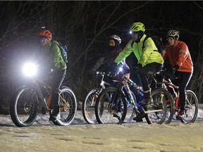File photo of the Edmonton Bicycle Commuters Society's Brite Lite Winter Nite Bike Ride, which takes participants through the river valley and along Mill Creek to the Flying Canoe Volant and Winterus Maximus Fat Bike Chariot Race.
