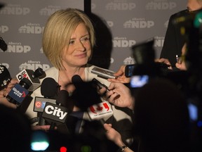 Rachel Notley talks to the media after her party won the Alberta provincial election to form a majority government  on May 5, 2015,  in Edmonton.