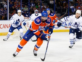 Teddy Purcell (16) of the Edmonton Oilers follows the puck while playing against the Toronto Maple Leafs at Rexall Place in Edmonton, Alta. on Feb. 11, 2016. Topher Seguin/Edmonton Journal