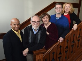 From left, Minister Faust, Rudy Wiebe, Merna Summers, Thomas Wharton and Caterina Edwards gather together in preparation for the 40th anniversary celebration of the writer-in-residence Program at the University of Alberta