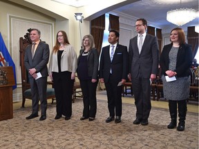 The new Alberta NDP cabinet ministers from left: Richard Feehan, minister of indigenous relations, Christina Gray, minister of labour and minister responsible for democratic renewal, Stephanie McLean, minister of Service Alberta and minister of the status of women, Ricardo Miranda, minister of culture and tourism, Marlin Schmidt, minister of advanced education and Brandy Payne, associate minister of health.