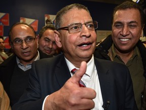 Moe Banga celebrates his win in the Edmonton Ward 12 byelection at his campaign headquarters on Monday, Feb. 22, 2016.