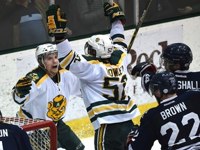 University of Alberta Golden Bears Jordan Rowley (52) celebrates his goal with Jordan Hickmott (12) against the Mount Royal Cougars goalie Colin Cooper (31) in game one of the Canada West semifinals at Clare Drake Arena in Edmonton, February 26, 2016.