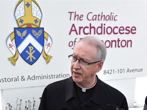 Archbishop Richard Smith talked to the media after meeting with Minister of Education David Eggen about the department's new gender-identity guidelines for Alberta schools in Edmonton, February 8, 2016.