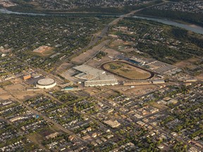 An aerial view of Rexall Place and the Northlands property.
