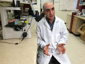University of Alberta immunologist Shokrollah Elahi in his lab Wednesday as he explains his research findings that indicate anti-inflammatory drugs may reduce aging effects in people living with HIV.