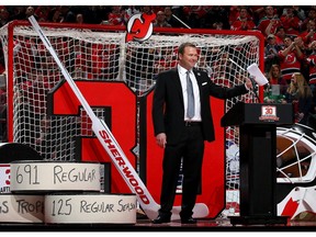 The Oilers were all on hand for the speech from former New Jersey Devils goaltender Martin Brodeur addresses the fans during his jersey retirement ceremony Tuesday in New Jersey.