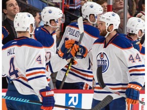 Zack Kassian, right, shown here celebrating his second-period goal against the Ottawa Senators on Thursday, returns to Montreal Saturday for the first time since his trade to the Oilers in December.