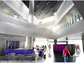 Edmonton Public Library rendering looking from the ground floor discovery centre north and showing how all three public floors are interconnected.