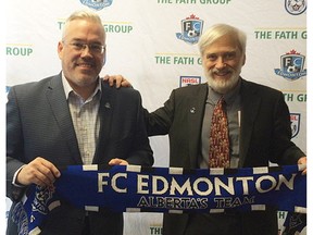 FC Edmonton announced the hiring of the its new general manager, Jay Ball, on Thursday. Ball is an Edmonton executive with over 20 years experience in strategic leadership, corporate sponsorship and operations. Ball, left, poses with team owner Tom Fath.