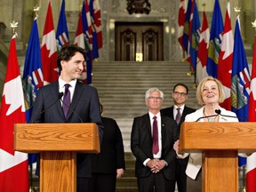 Prime Minister Justin Trudeau and Alberta Premier Rachel Notley speak to reporters after meeting in Edmonton Alta, on Wednesday February 3, 2016.