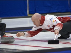 Kevin Koe, shown here competing at the Boston Pizza Cup in Camrose on Wednesday, advanced to the A-B Final of the event by defeating Mick Lizmore in the B Event final on Friday.