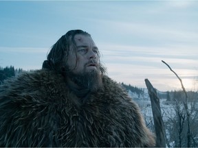 This photo provided by courtesy of  Twentieth Century Fox shows, Leonardo DiCaprio as Hugh Glass, in a scene from the film, "The Revenant."