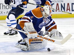 Oilers goalie Laurent Brossoit during NHL action Feb. 13, 2016, in Edmonton.