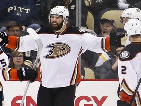 Anaheim Ducks' Patrick Maroon, center, celebrates his goal with teammates during the second period of an NHL hockey game against the Pittsburgh Penguins in Pittsburgh, Monday, Feb. 8, 2016.