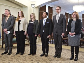 New Alberta cabinet ministers (left to right), Richard Feehan, Christina Gray, Stephanie McLean, Ricardo Miranda, Marlin Schmidt and Brandy Payne.