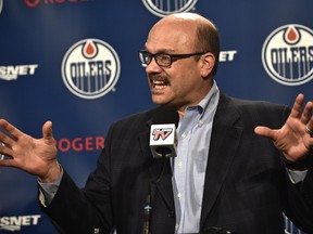 Oilers GM Peter Chiarelli talking to the media about the player trades made on Feb. 27, 2016.