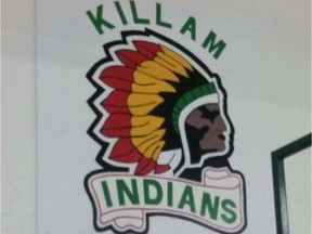 The Killam Indians logo remains inside the town arena despite the hockey team changing its name.