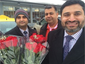Some Edmonton cabbies plan to give roses to loyal customers on Valentine's Day as part of their charm offensive. From left: drivers Ravander Shendel, Avininder Sandhu and Abouzar Aslam.