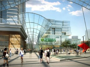 A concept image of the new University of Alberta building, looking east, as viewed from the future Galleria.