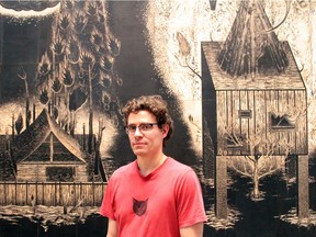 Artist Sean Caulfield and his gigantic work, The Flood, up at Manning Hall at Art Gallery of Alberta Feb. 6 through Aug. 14.