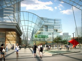 An artist's concept of the Galleria plaza looking west to the planned University of Alberta building.