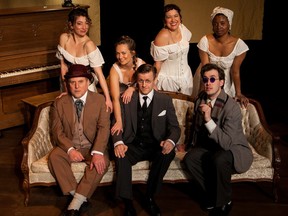 From left: Julien Arnold, Mat Busby, Byron Martin. Standing: Caley Suliak, Gianna Vaciurca, Monica Maddaford, Althea Cunningham, in Trunk Theatre production of In The Next Room (or the vibrator play).