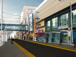 An artists rendering of the future Valley Line LRT running along 102 Street.