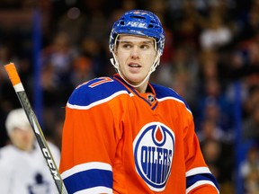 EDMONTON, Alta. (February 11, 2016) - Connor McDavid (97) of the Edmonton Oilers goes up against the Toronto Maple Leafs at Rexall Place in Edmonton, Alta. on Feb. 11, 2016. Topher Seguin/Edmonton Journal